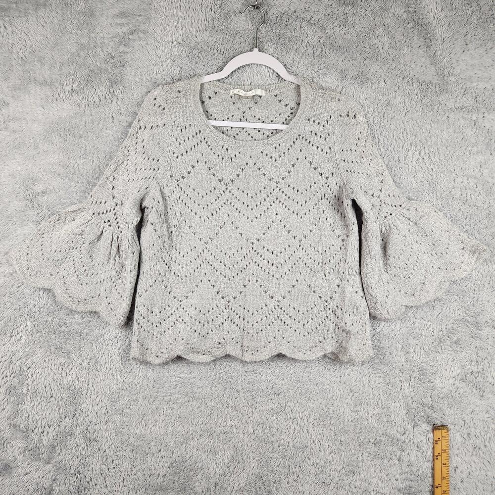 LC Lauren Conrad Sweater Womens Small Gray Bell Sleeve Pointelle Open Knit Boho